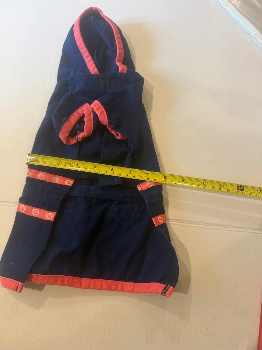 Navy Hooded dog Cover with Coral Trim